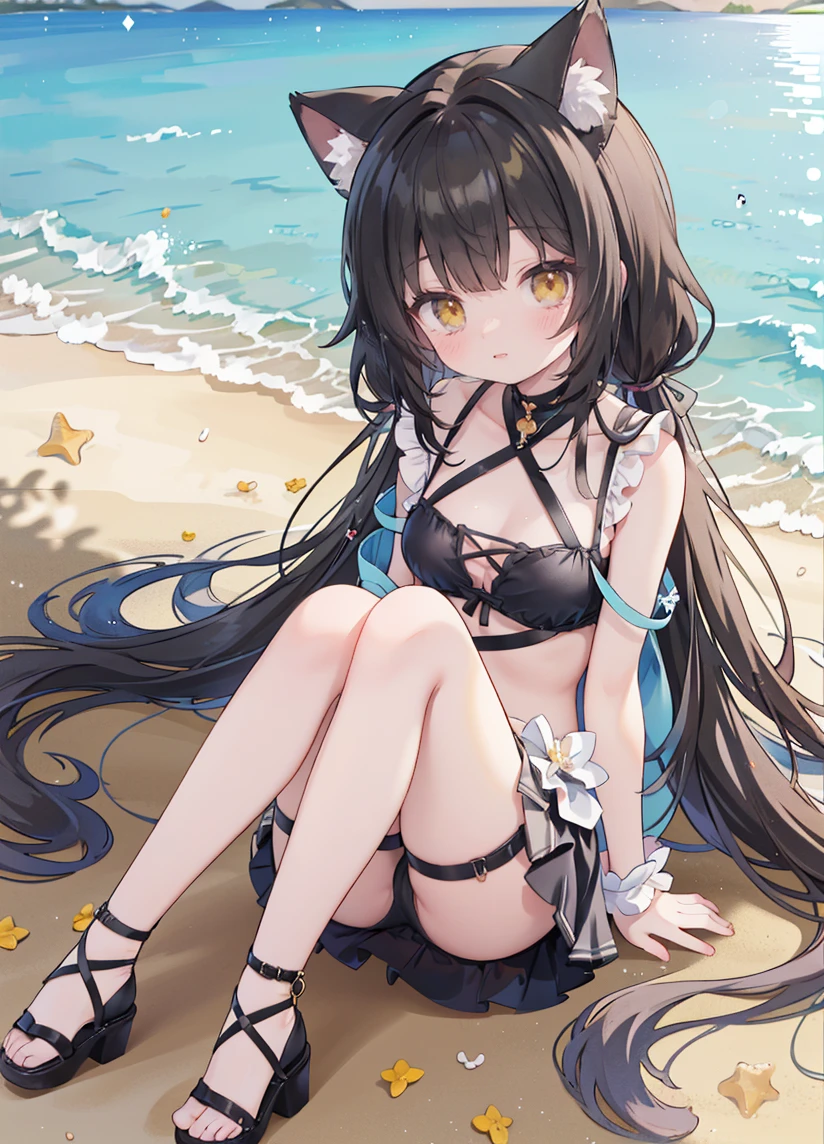 anime girl sitting on the beach with her cat ears up, At the beach, At the beach上,sitting,on the beach,shy,She was pushed down, seductive anime girl,photo poses,black hair,Yellow eyes, At the beach, in the sea, on a sunny beach, At the beach上, in the seaside,Wearing strappy heels,Black mini skirt,beautiful legs