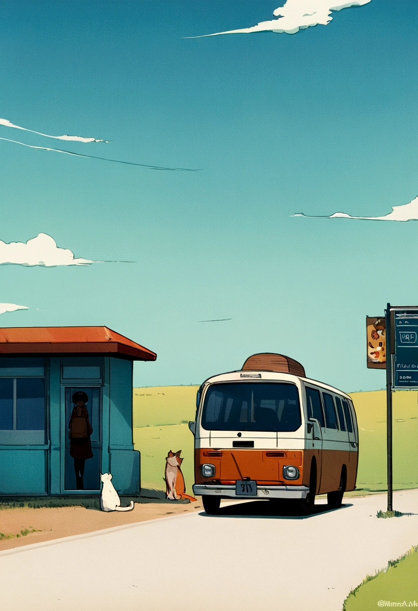 (Minimalism: 1.4), Minibus on the road, From German, ghibli studio art, Miyazaki, Grassland with blue sky and white clouds, Back view of Matsumusume and a cat at a bus stop,