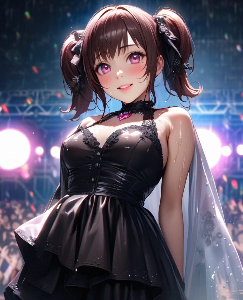 One Girl、Looking at the audience、lovely,
Beautiful pink eyes、short twin tail hair , Mole under the eye、Plump and glossy lips、Heart-shaped choca、Idol、Her name is Rico,smile、ー、。.。.。.。.。.。.。.。.。.。.。.。.。.。.。.。.。.。.3D、Realistic、
The idol's costume was soaked in the heavy rain, and her chest was wet and transparent.Heavy rain at outdoor concert, Drape clothes、gem、The decoration has been removed、Floral、Lace trim,On a glittering stage、
masterpiece、highest quality、8k、Detailed skin texture、Detailed cloth texture、Beautifully detailed face、Intricate details、Very detailed、
超A high resolution、8k Ultra HD、Film Grain、Best Shadow、delicate、Gazing at the audience、front