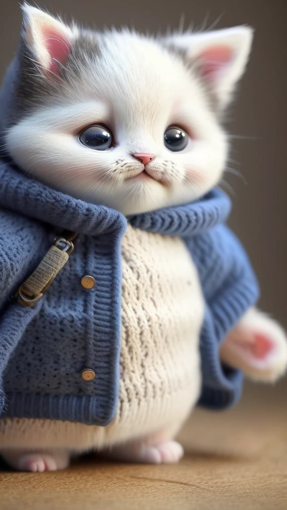 kitten in clothes， miniature kitten， Animal focus， bearded， Realistic， Gonzo hand， ambiguous background，smile，interesting、