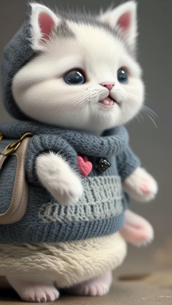 kitten in clothes， miniature kitten， Animal focus， bearded， Realistic， Gonzo hand， ambiguous background，smile，interesting、