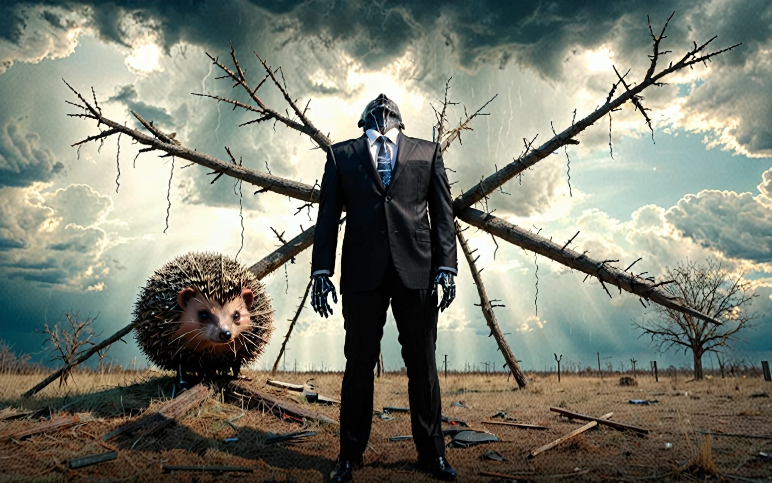 Big iron ball and iron tree,A man in a suit is tied to a cross, Toothpicks stuck all over her body, Like a hedgehog, with a look of anguish,Spooky forest,Abandoned Shelter,Creepy Doll,Sinister Shadow,Demonic possession,Blue sky and white clouds,Thunder and Lightning,ice,