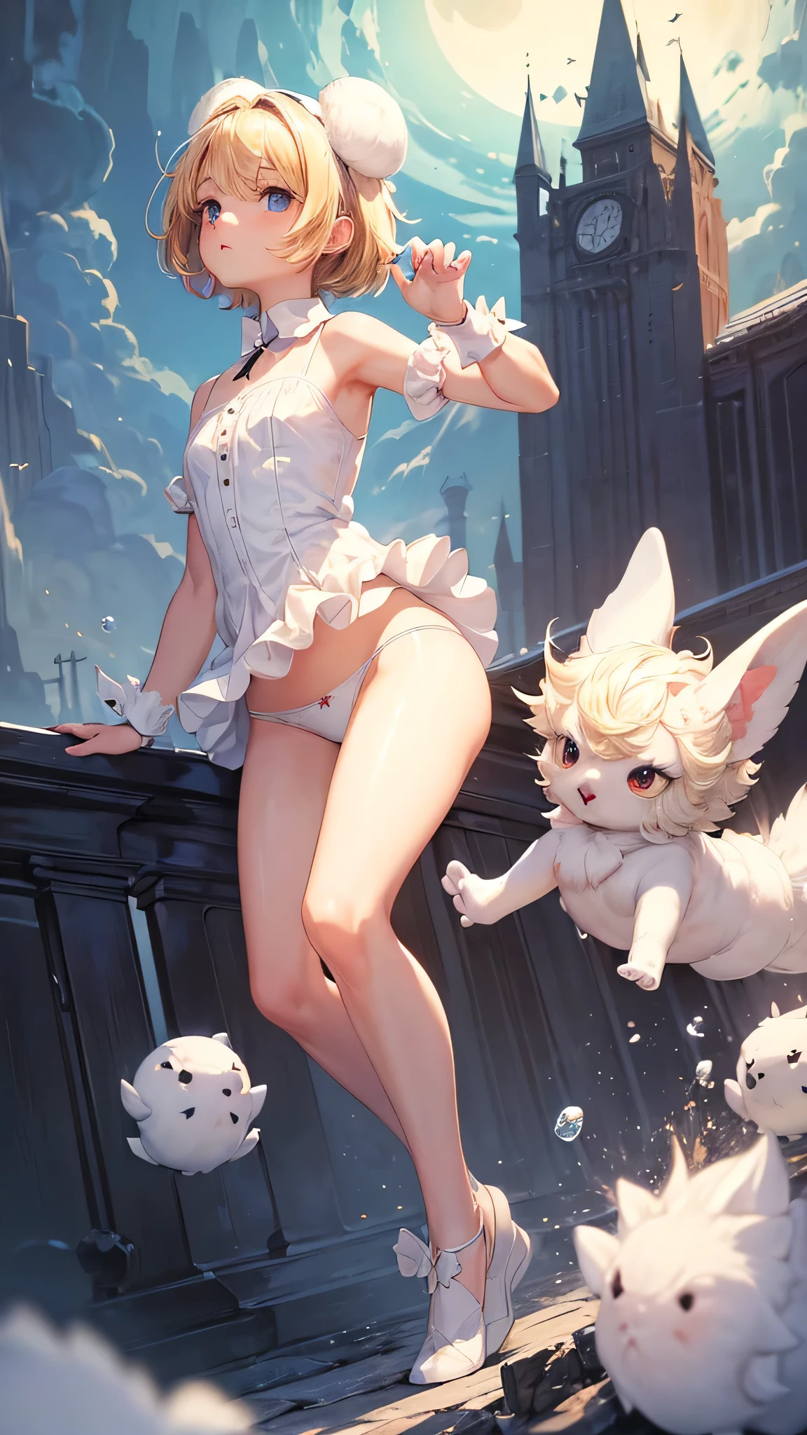 (masterpiece, highest quality:1.3), 1 cute girl, ideal ratio body proportions, blonde short hair, black frilled mini skirt, puffy shoulders, bare arms, magic wand, (white cotton panties, 1 strange small animals:1.4), dynamic pose, night city,