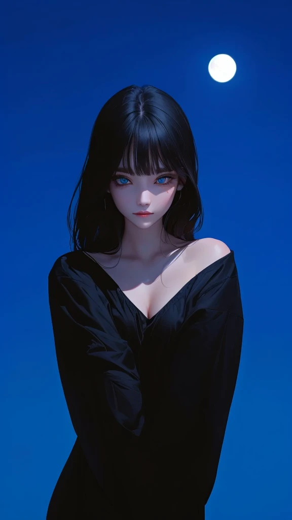 ultra-detailed, beautiful eyes, detailed eyes, detailed face, ultra-detailed, beautiful eyes, woman in black casual, loose-fitting clothing against a full moon background, master piece, best quality, high resolution, 16k