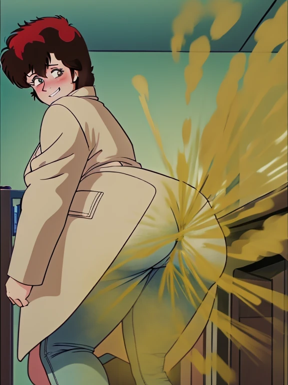 HD, high quality, high resolution, ultrahd,Kaori Makimura, 1female, wearing default outfit, light pink shirt, white coat, wearing coat over tshirt, jeans, default hair, brown hair, very tall body, thin body, massive fart, yellow smoke, velocity, wide eyes, big eyes, shocked, blush, leaning, viewing ass, embarrassed, smiling, clenching teeth, alone in a room, beautiful lighting, highlights
