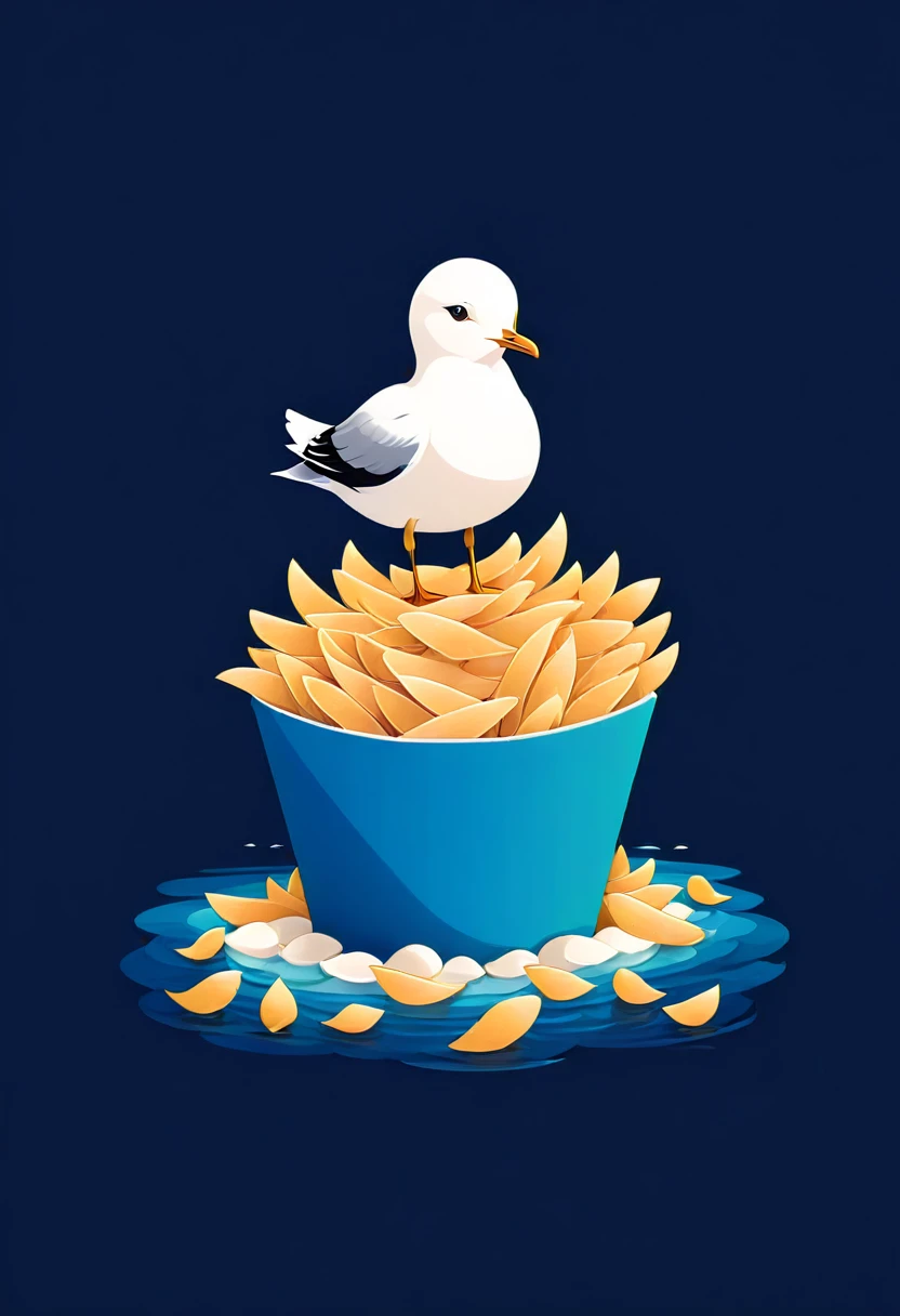 Vector art minimalist logo illustration of cute seagull with a pile of long chips at its feet vector art type, detailed, Beautiful artistic rendering in clean minimalist cartoon style