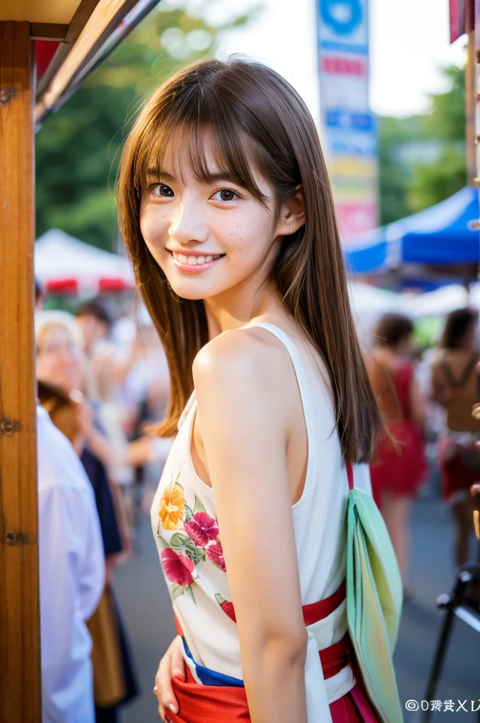 Japanese traditional kimono, yukata, summer festival night stall, first year high school student, ((full body)), ((photo)), ((best qualtiy, 8K, tmasterpiece:1.3)), Focus:1.2, perfect figure beautiful girl:1.4, 1girl, cowboy shot, look at viewer, incredibly absurd, beautiful and cute girl with a photorealistic face, showcasing top-quality craftsmanship, A Japanese girl walking around looking at the food stalls at a summer festival on a night, 15 years old, straight hair that reaches about 10cm below the shoulders, light brown hair color, shiny hair, bangs cut straight above the eyes, hair tucked behind the ears, soft round face, large almond-shaped eyes, light brown eye color, long eyelashes, thin and neat eyebrows, small nose with a straight bridge, cherry-colored lips, bright smile, white teeth, smooth skin, fair skin, light pigmentation, freckles, average height, supple body, well-balanced proportions, small A-cup breasts, beautiful girl, neat, moe, cheerful, curious, friendly, polite, responsible, likes festivals and events, August