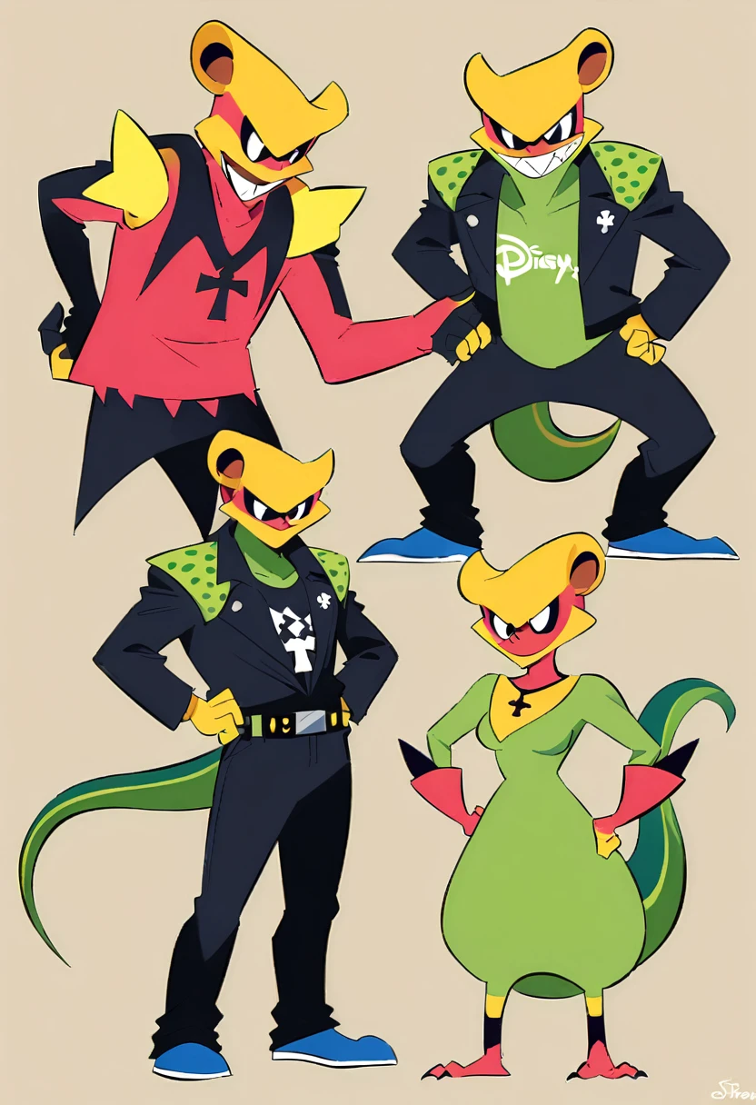 ((mejor calidad)), ((Obra maestra)), ((male character: 1.5)), ((smiling anthropomorphic male green viper with a design based on Disney Pixar art: 1.5)), ((Character pose: one hand on his hip and the other extended to his side: 1.5)), same for front, back, and side views. Clothing: piercing in the left nostril, leather choker with spikes, black leather jacket with spikes, leather arm bracelets with spikes, graphic t-shirt with white ankh, black collar with silver circle pendant, black fingerless gloves, black leather pants, spiked black leather belt, spiked black leather ankle bracelets. Physical: green mohawk, slim body, yellow eyes, elongated snout, segmented yellow scale mouth, sharp fangs, forked pink tongue, segmented yellow scale neck and belly, 4-fingered hands with black claws, bare 3-toed feet with black claws, elongated tail with segmented yellow underside. Personality: friendly, humorous, fun-loving, punk rock style. Flat colors without gradients. the character is barefoot,simple background, ((three-sided view, full body, simple background, multiple views, high resolution)).