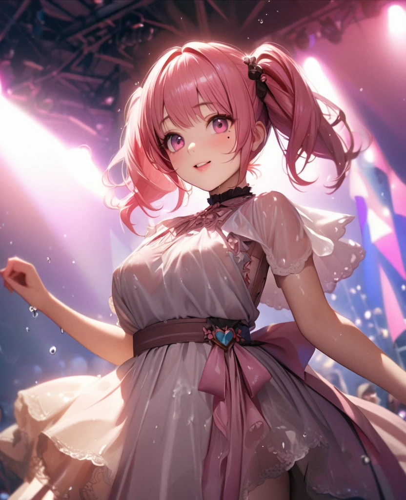 One Girl、Looking at the audience、lovely,
Beautiful pink eyes、short twin tail hair , Mole under the eye、Plump and glossy lips、Heart-shaped choca、Idol、Her name is Rico,smile、ー、。.。.。.。.。.。.。.。.。.。.。.。.。.。.。.。.。.。.3D、Realistic、
The idol's costume was soaked in the heavy rain, and her chest was wet and transparent.Heavy rain at outdoor concert, Drape clothes、gem、The decoration has been removed、Floral、Lace trim,On a glittering stage、
masterpiece、highest quality、8k、Detailed skin texture、Detailed cloth texture、Beautifully detailed face、Intricate details、Very detailed、
超A high resolution、8k Ultra HD、Film Grain、Best Shadow、delicate、Gazing at the audience、front