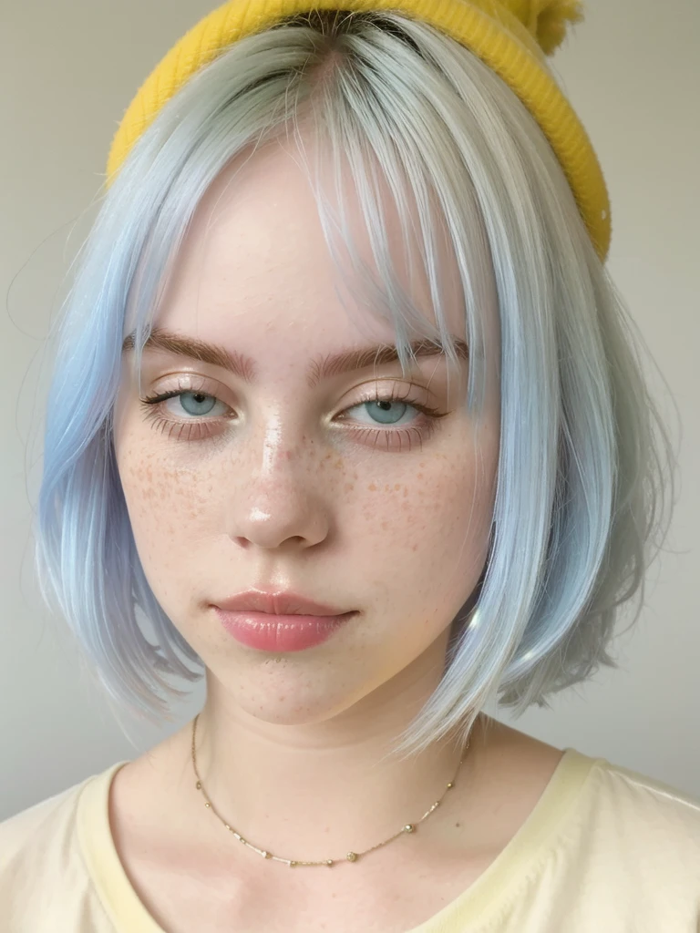 Photo of a young woman with pastel blue hair, natural-looking, yellow eyeshadow, pale skin, freckles, pastel colors