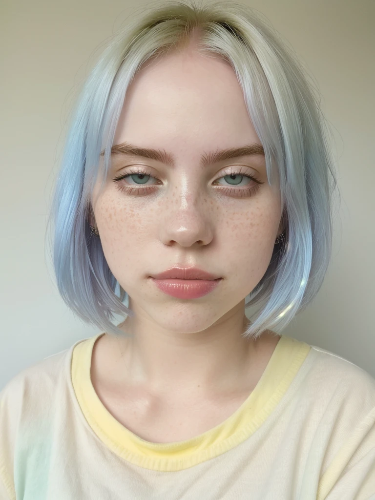 Photo of a young woman with pastel blue hair, natural-looking, yellow eyeshadow, pale skin, freckles, pastel colors