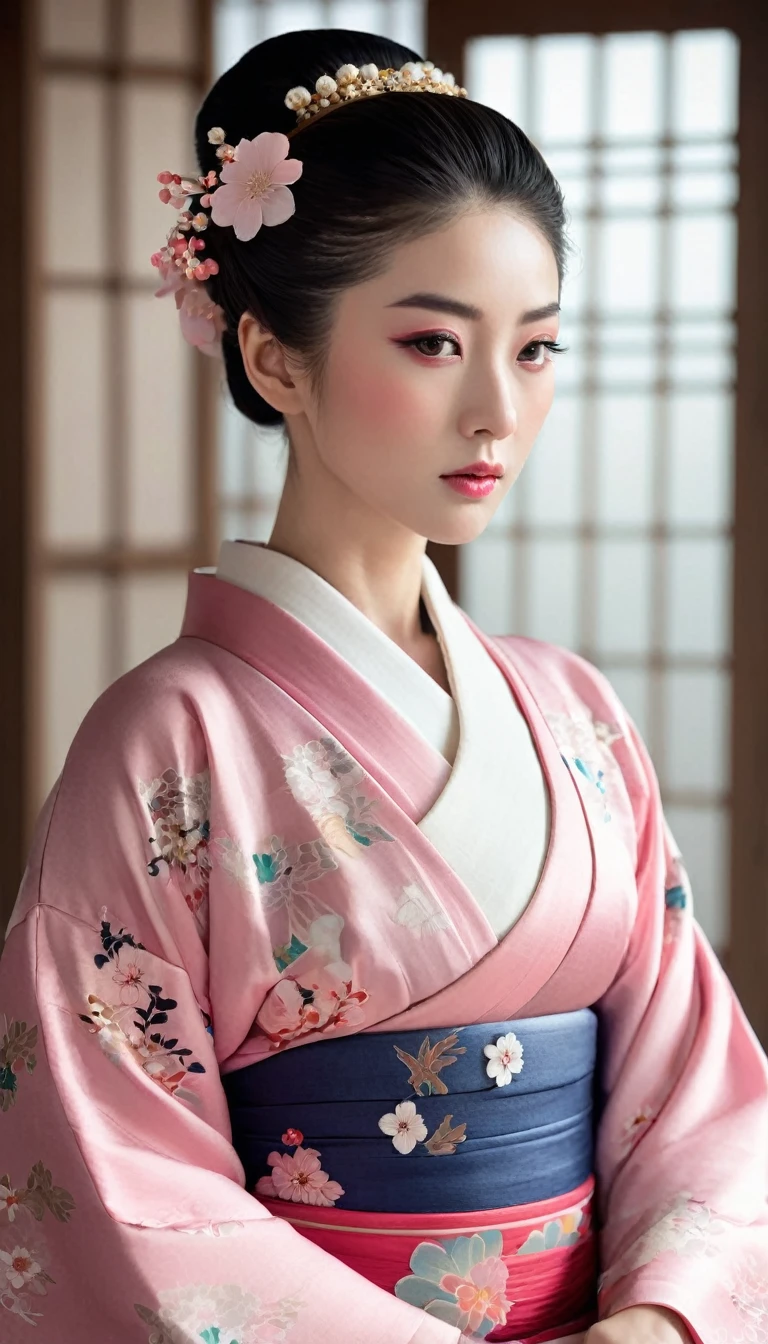 Dressed in delicate pink Hanfu、A hall crowned with melancholy flowers々A beautiful portrait of a beautiful woman、Reminiscent of the famous Run In。This breathtaking trending image from CG Society、Showing the utmost realism、It takes the viewer to the Sengoku period.。A woman dressed in traditional attire who was a concubine of a Japanese warlord、Exudes timeless beauty、His gaze is cast thoughtfully downwards。Her outfit vividly expresses the artistic beauty of her kimono in beautiful colors.、They feature the intricate patterns and understated elegance that characterize this period.。This image is a mesmerizing masterpiece.、Worth it