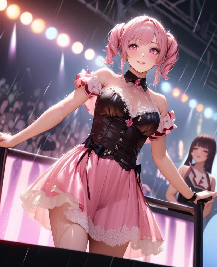 One Girl、Looking at the audience、lovely,
Beautiful pink eyes、short twin tail hair , Mole under the eye、Plump and glossy lips、Heart-shaped choca、Idol、Her name is Rico,smile、ー、。.。.。.。.。.。.。.。.。.。.。.。.。.。.。.。.。.。.3D、Realistic、
The idol's costume was soaked in the heavy rain, and her chest was wet and transparent.Heavy rain at outdoor concert, Drape clothes、gem、The decoration has been removed、Floral、Lace trim,On a glittering stage、
masterpiece、highest quality、8k、Detailed skin texture、Detailed cloth texture、Beautifully detailed face、Intricate details、Very detailed、
超A high resolution、8k Ultra HD、Film Grain、Best Shadow、delicate、Gazing at the audience、front