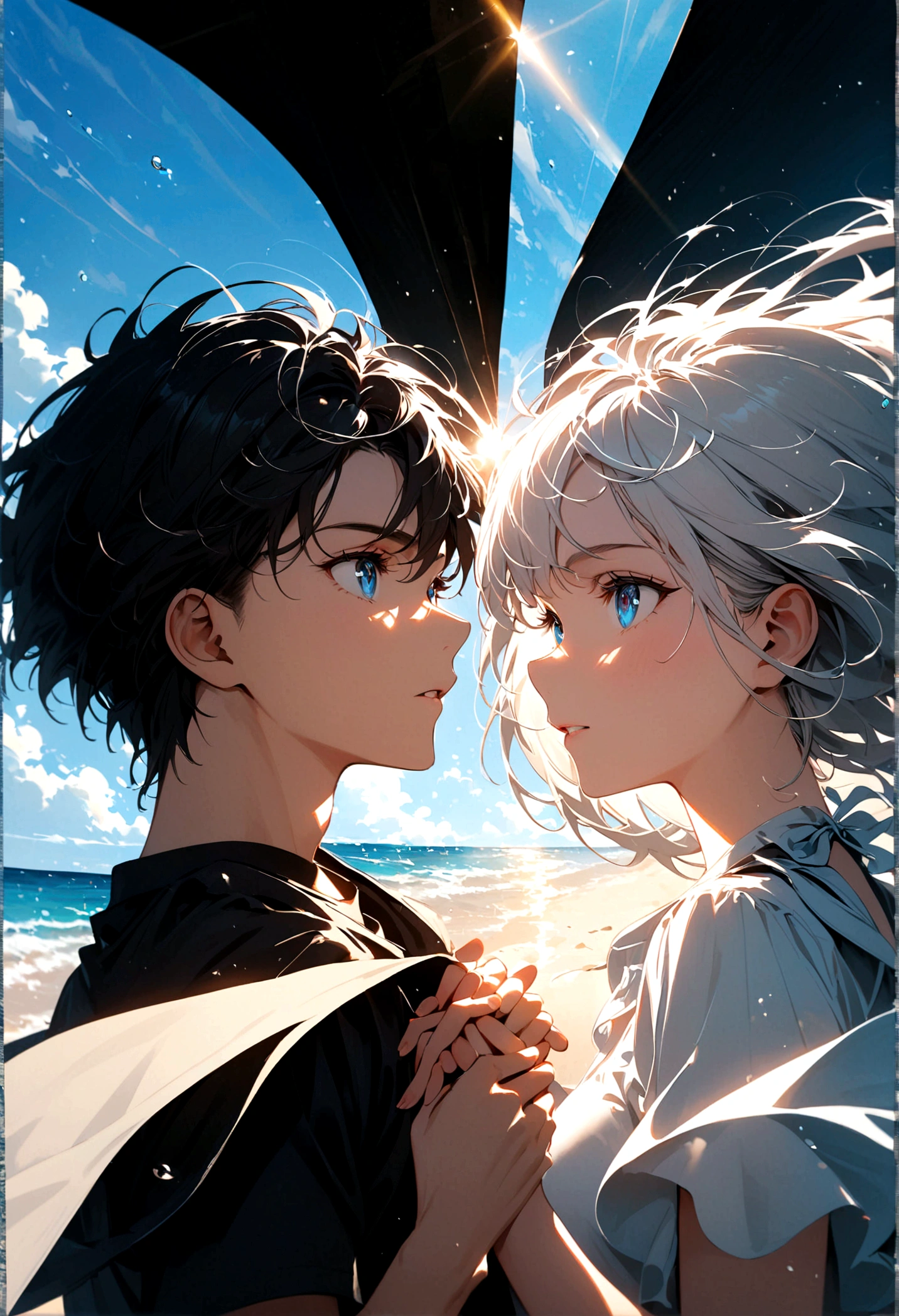 A young man with black hair and blue eyes and a girl with white hair hold hands on the beach during the daytime.