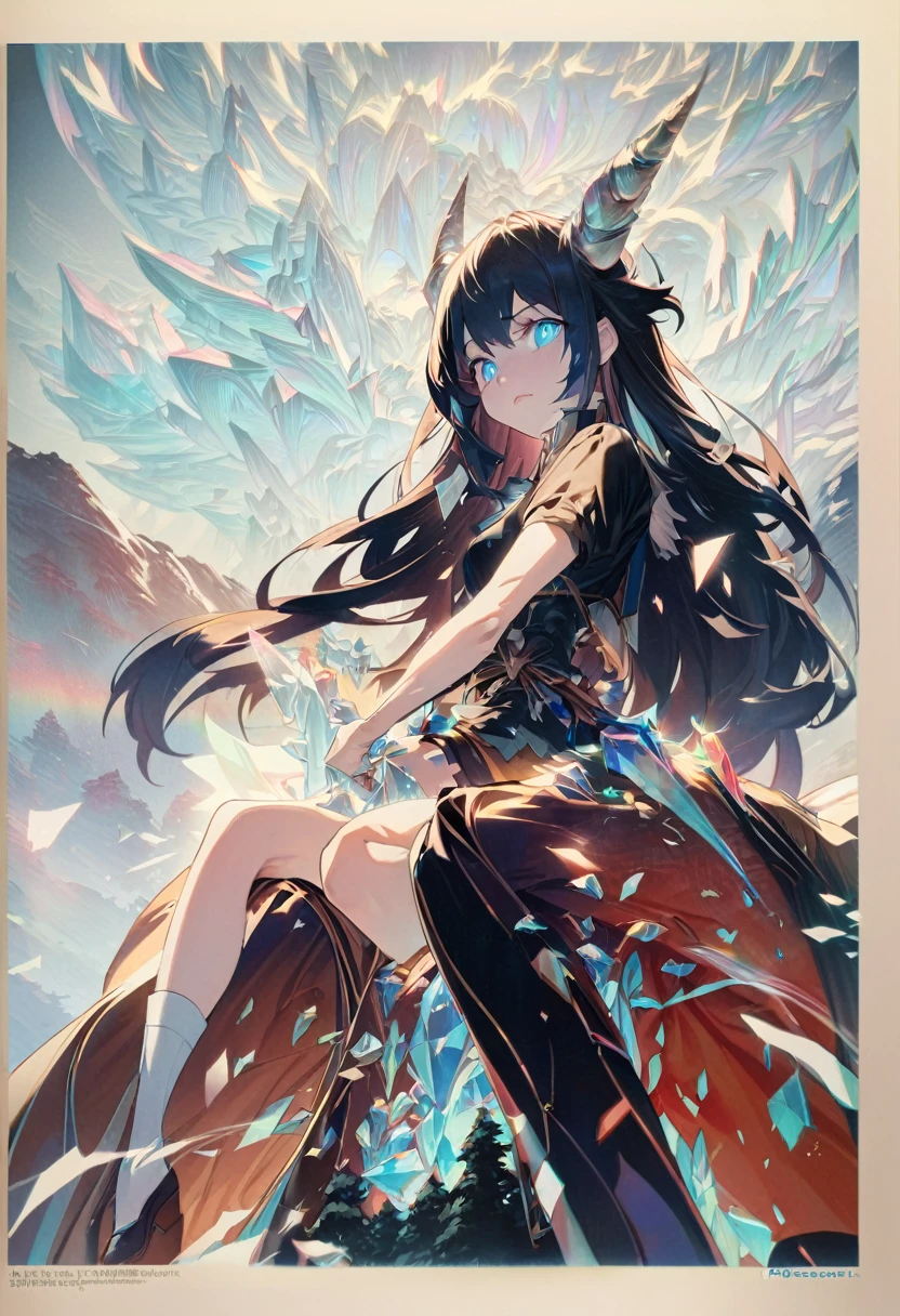 Crystal Horn Crystal ornaments (Anime Style:1.6)High contrast girl, Sitting, Side Shot, (null:1.3), (masterpiece, Highest quality, perspective, Depth of written border:1.5), Flowers, Rocky Mountain, forest, Beautiful Face, Thighs, From below, 8K, Raw photo, Confused, Impressionism, (Tom Thomson, Claude Monet, Joaquin Sorolla, James Wilson Morris, John Fabian Carlson, Hugh Henry Breckenridge:0.8), HDR, Realistic, Film Grain, chromatic aberration, High Resolution, Very detailed, finely, Dynamic Lighting, Dramatic lighting, Shadow, Sharp focus, Highly detailed eyes and face, Sharp pupils, Realistic student
