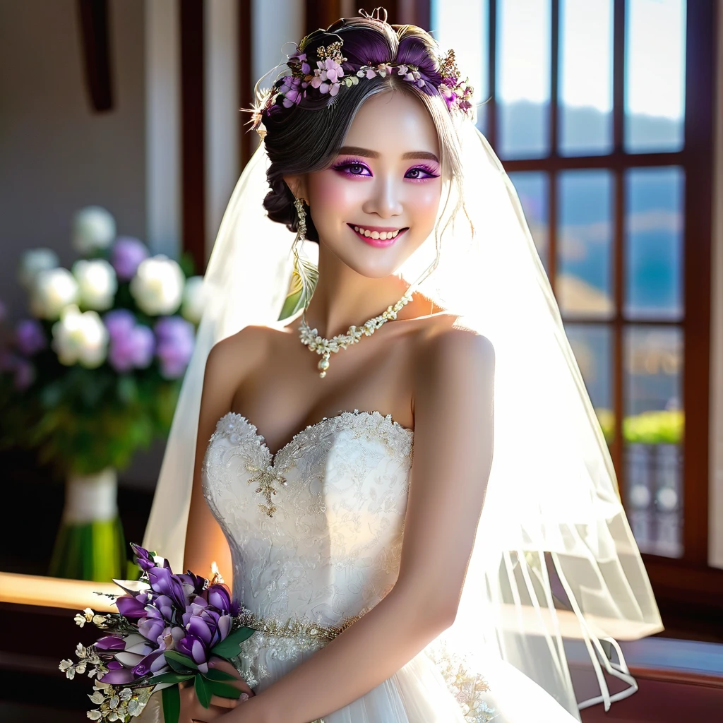 Highest quality,(masterpiece:1.3),白いWedding dressを着て,Standing in front of the church window,Sunlight streaming through the window,1.75 meters tall,smile,close,(Small breasts),(白いflower束を手に),((Wedding dress)) Emilia,Braiding,crown Braiding,flower,hair flower,hair ornaments,Hair Ribbon,Long Hair,Pointed Ears,(Purple eyes:1.2),Gray Hair,x hair ornaments,