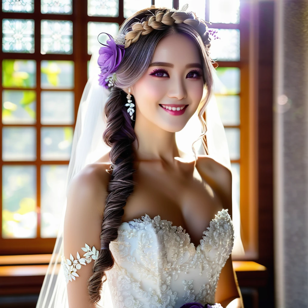 Highest quality,(masterpiece:1.3),白いWedding dressを着て,Standing in front of the church window,Sunlight streaming through the window,1.75 meters tall,smile,close,(Small breasts),(白いflower束を手に),((Wedding dress)) Emilia,Braiding,crown Braiding,flower,hair flower,hair ornaments,Hair Ribbon,Long Hair,Pointed Ears,(Purple eyes:1.2),Gray Hair,x hair ornaments,