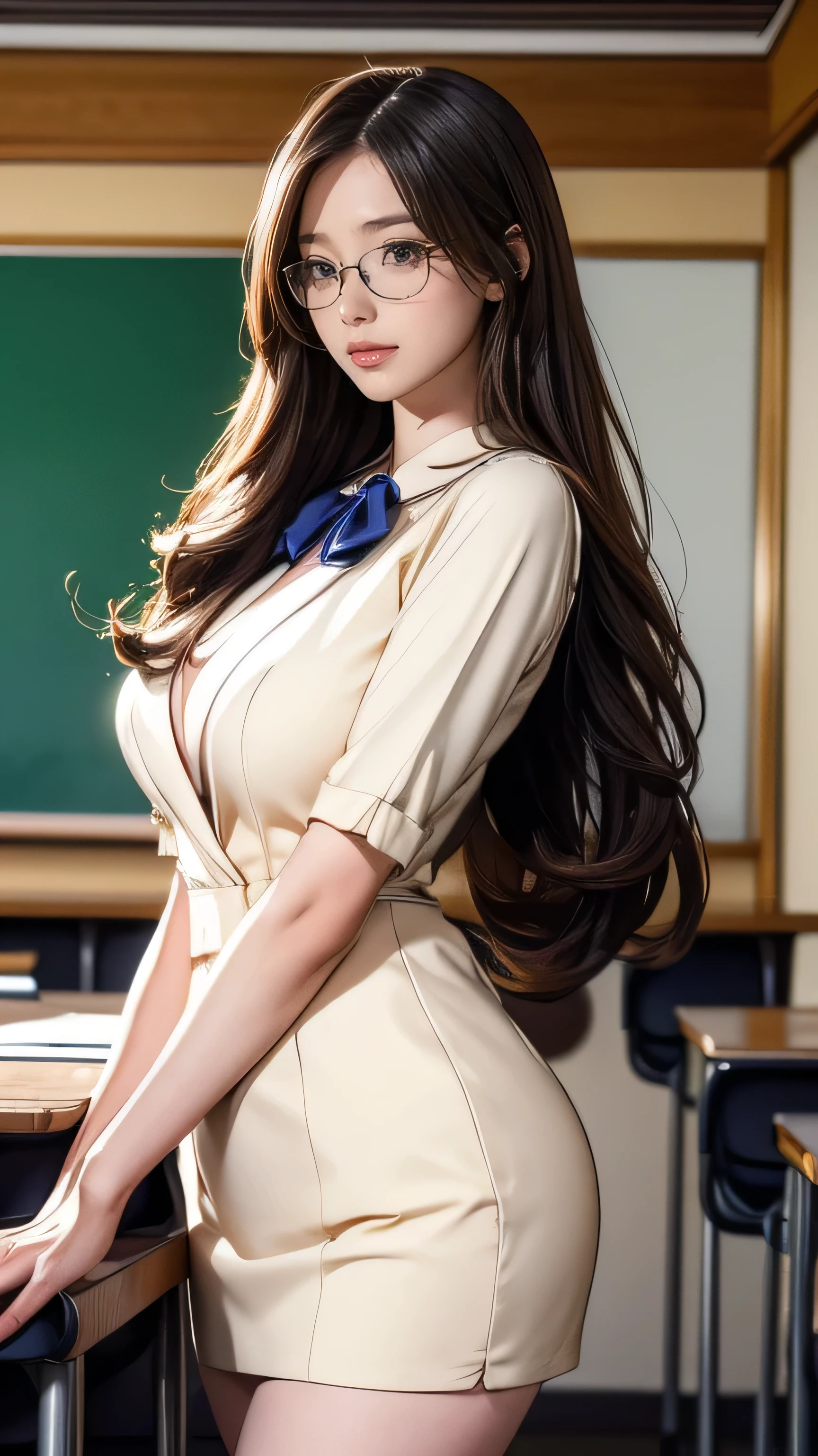 a beautiful elegant woman teacher with large breasts, long legs, wearing glasses, standing in a school classroom, (((masterpiece,highest quality,in 8k,super detailed,high resolution,anime style,absolutely))),(alone:1.5),detailed face,beautiful eyes,small nose,full lips,flowing hair
