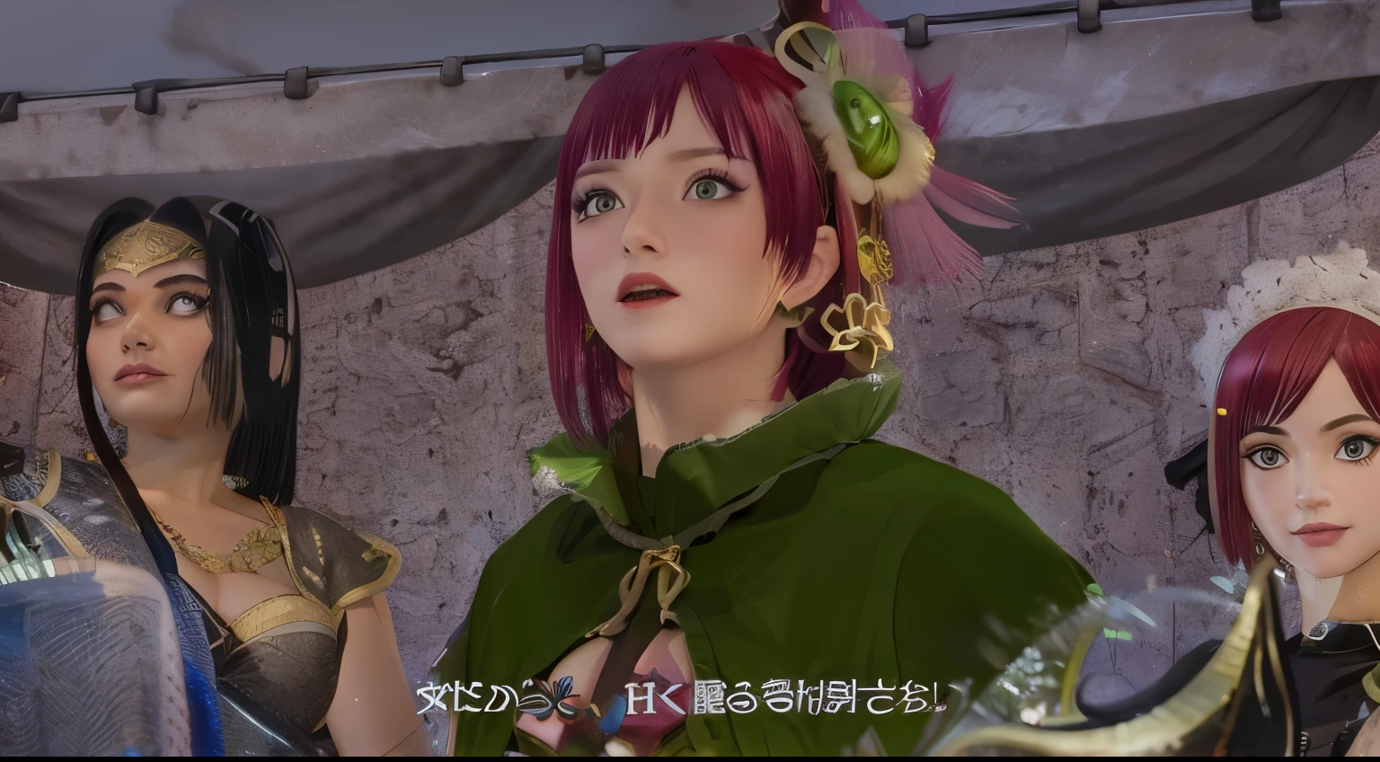 A red-haired girl with short hair and green eyes big breast