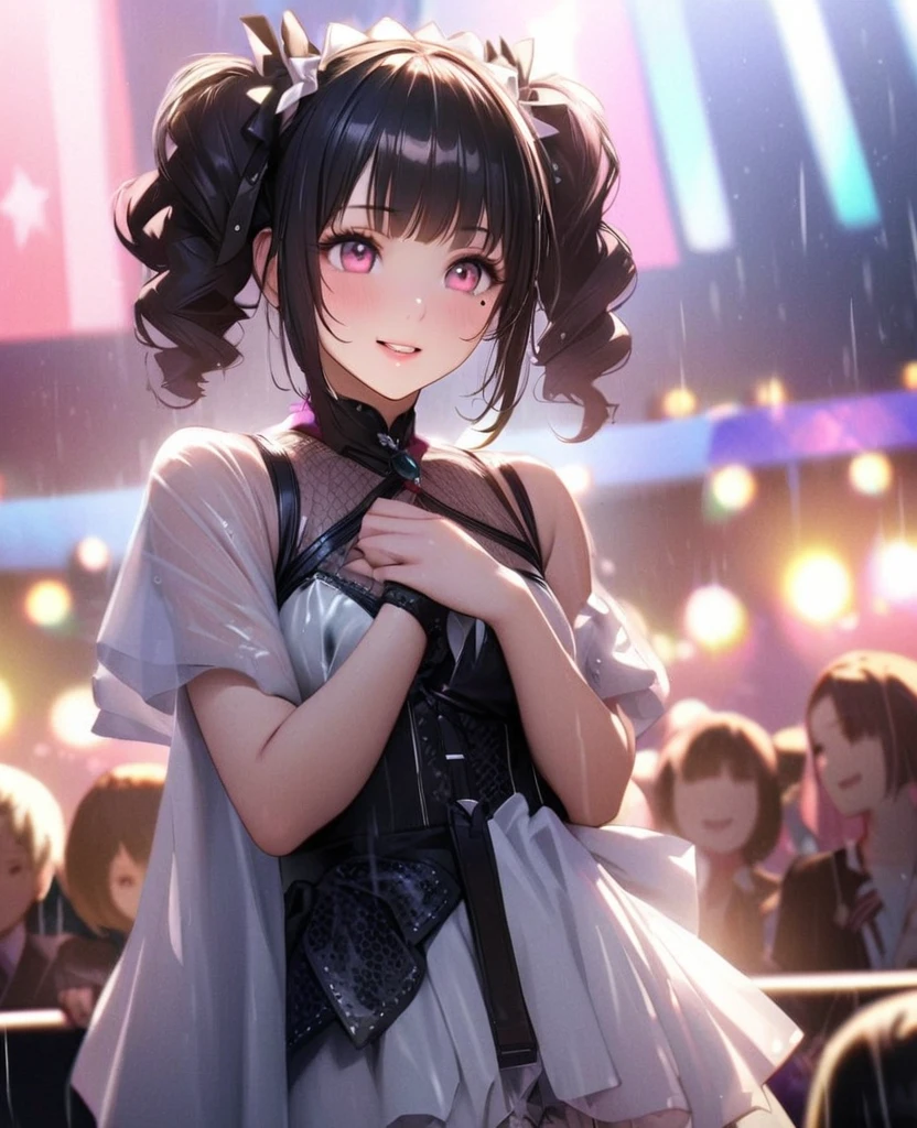One Girl、Looking at the audience、lovely,
Beautiful pink eyes、short twin tail hair , Mole under the eye、Plump and glossy lips、Heart-shaped choca、Idol、Her name is Rico,smile、ー、。.。.。.。.。.。.。.。.。.。.。.。.。.。.。.。.。.。.3D、Realistic、
The idol's costume was soaked in the heavy rain, and her chest was wet and transparent.Heavy rain at outdoor concert, Drape clothes、gem、The decoration has been removed、Floral、Lace trim,On a glittering stage、
masterpiece、highest quality、8k、Detailed skin texture、Detailed cloth texture、Beautifully detailed face、Intricate details、Very detailed、
超A high resolution、8k Ultra HD、Film Grain、Best Shadow、delicate、Gazing at the audience、front