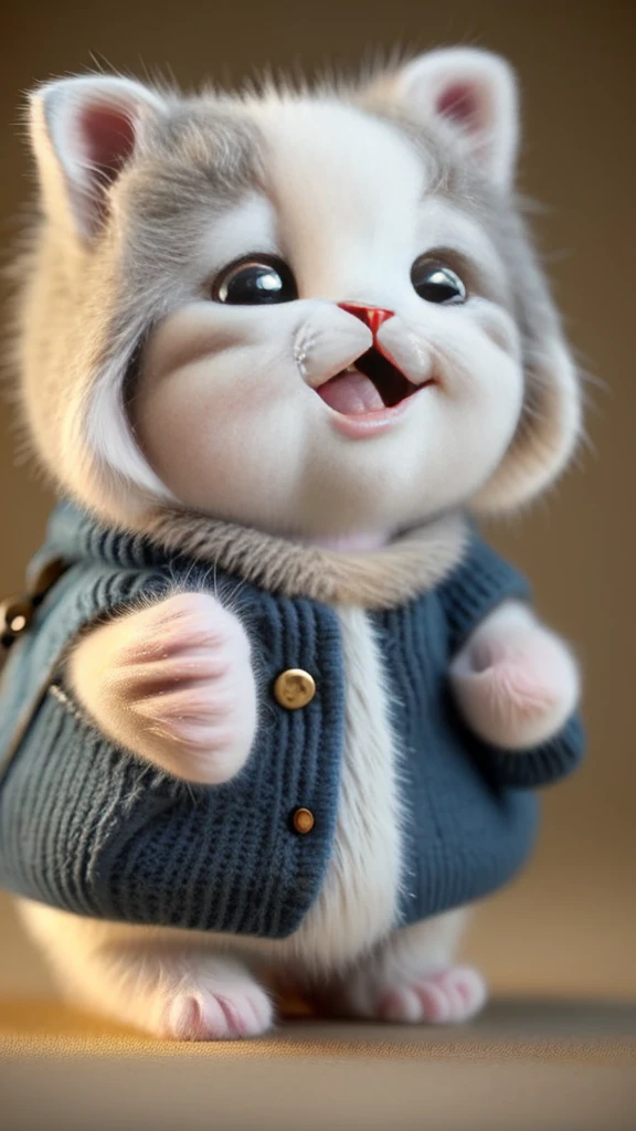 kitten in clothes, miniature kitten, Animal focus, bearded, Realistic, Gonzo hand, ambiguous background,smile,interesting、
