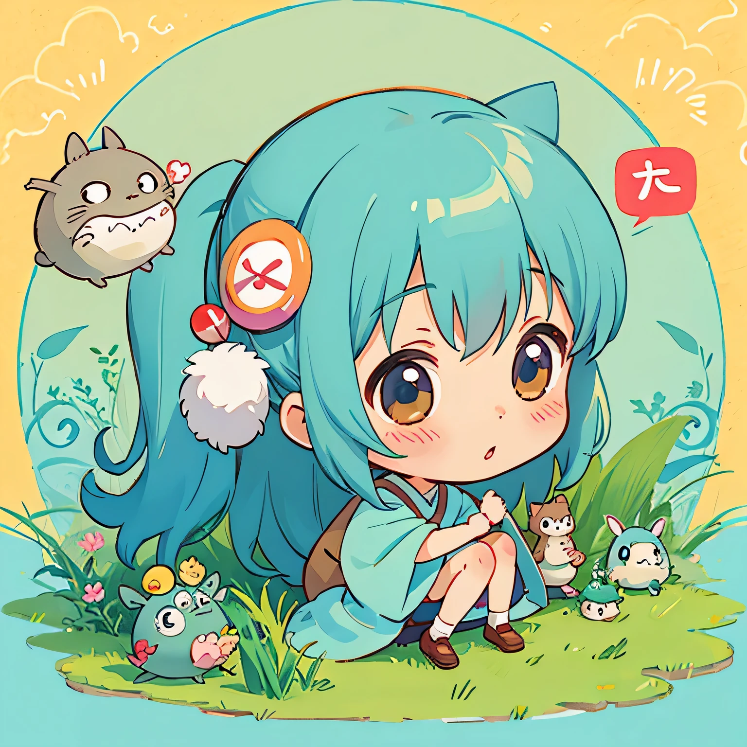 Hayao Miyazaki style、Kawaii Design, most beautiful girl ever、((Chibi)), (((Kiss)))、Totoro