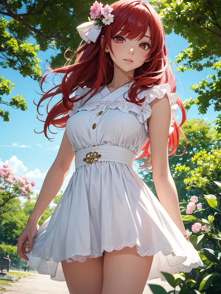 beautiful young woman, anime style, detailed face, red hair, red eyes, delicate features, soft lighting, wearing a summer dress, showing her thighs, standing in a park, vibrant greenery, clear blue sky, flowers in bloom, relaxed expression, dynamic pose, Japanese anime style, high quality, highly detailed, 8k resolution, cinematic lighting, best quality, vibrant colors, Instagrammable, aesthetic, trendy