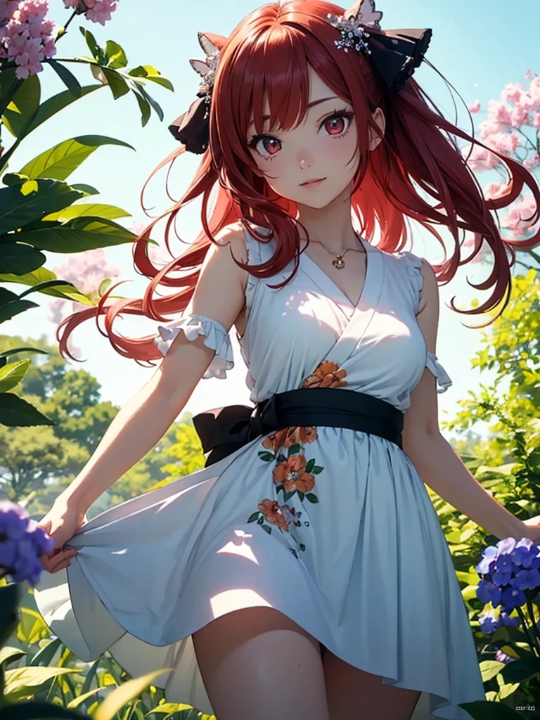 beautiful young woman, anime style, detailed face, red hair, red eyes, delicate features, soft lighting, wearing a summer dress, showing her thighs, standing in a park, vibrant greenery, clear blue sky, flowers in bloom, relaxed expression, dynamic pose, Japanese anime style, high quality, highly detailed, 8k resolution, cinematic lighting, best quality, vibrant colors, Instagrammable, aesthetic, trendy