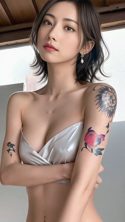 Anime-style woman, thin, thin, whole body, Full of tattoos, Lots of earrings, Beautiful and shiny hair, Rainbow Eyes, Slanted Eyes, Wavy silver hair, Kind and charming, Expose the shoulders, 繊細でセクシーなclavicle, Attractive oval face, double eyelid, Pink Lips, Small Nose, Concentrated face, Ultra-high resolution, Very detailed, Graceful posture, Nice, ultra-thin,( Perfect Naked,arm,shoulder,clavicle,chest,Body paint with walnut tribal tattoos on genitals:1.2), Glowing Skin, Realistic Background, sunlight,(From below:1.3),(Looking down, Watch with a viewer:1.3)