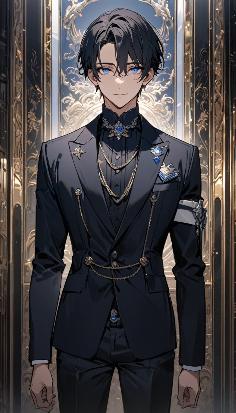 (masterpiece), best quality, expressive eyes, Perfect face, ((1 male))，Solitary，((Black short hair))，((blue eyes)), Exquisite eyes, gentle smile，Navy blue sophisticated suit，Exquisite silver badge, Exquisite clothing details，(((Complete upper body))), (((Front view)))，whole body，noble，Handsome，front，8K