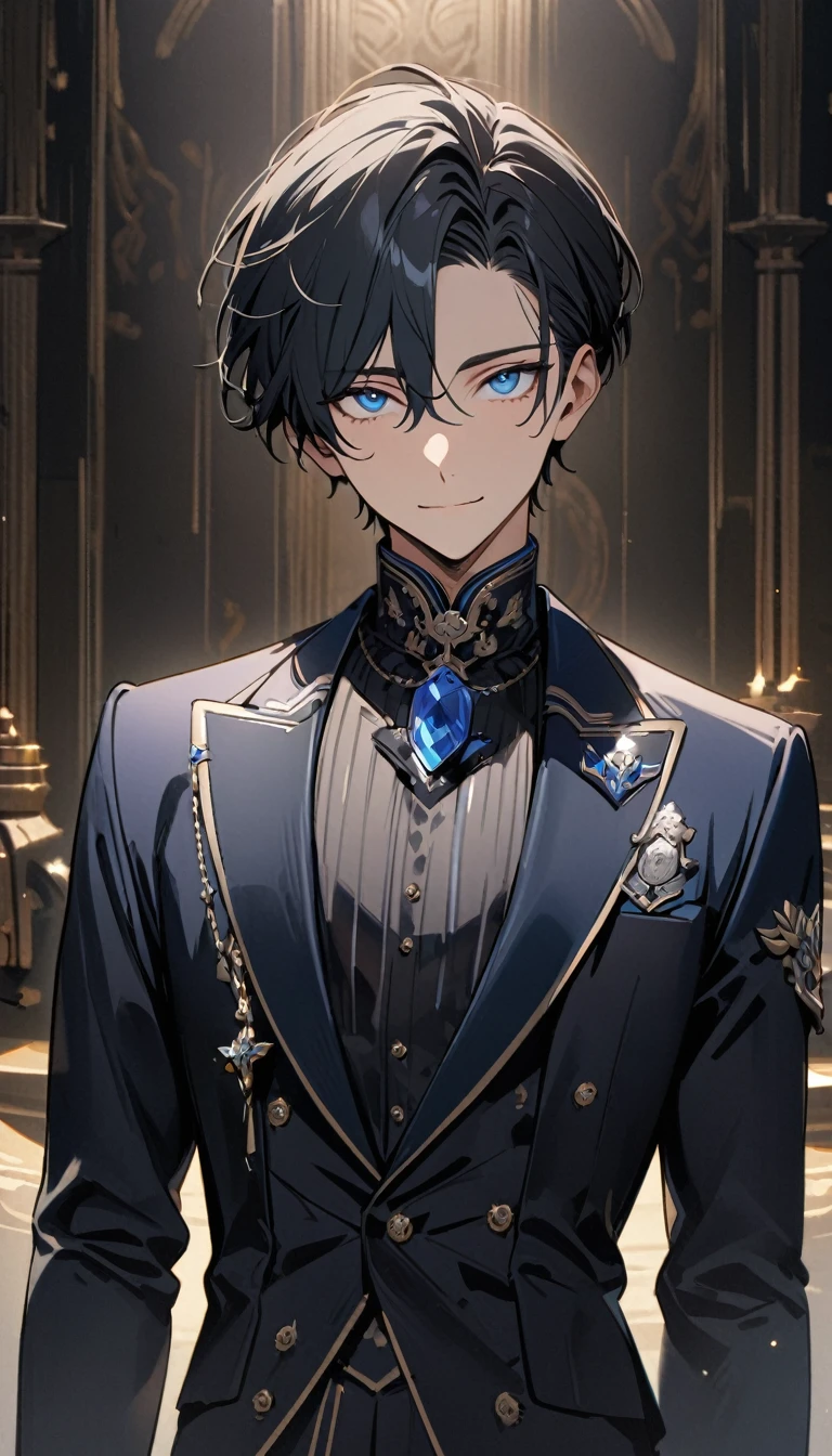 (masterpiece), best quality, expressive eyes, Perfect face, ((1 male))，Solitary，((Black short hair))，((blue eyes)), Exquisite eyes, gentle smile，Navy blue sophisticated suit，Exquisite silver badge, Exquisite clothing details，(((Complete upper body))), (((Front view)))，whole body，noble，Handsome，front，8K