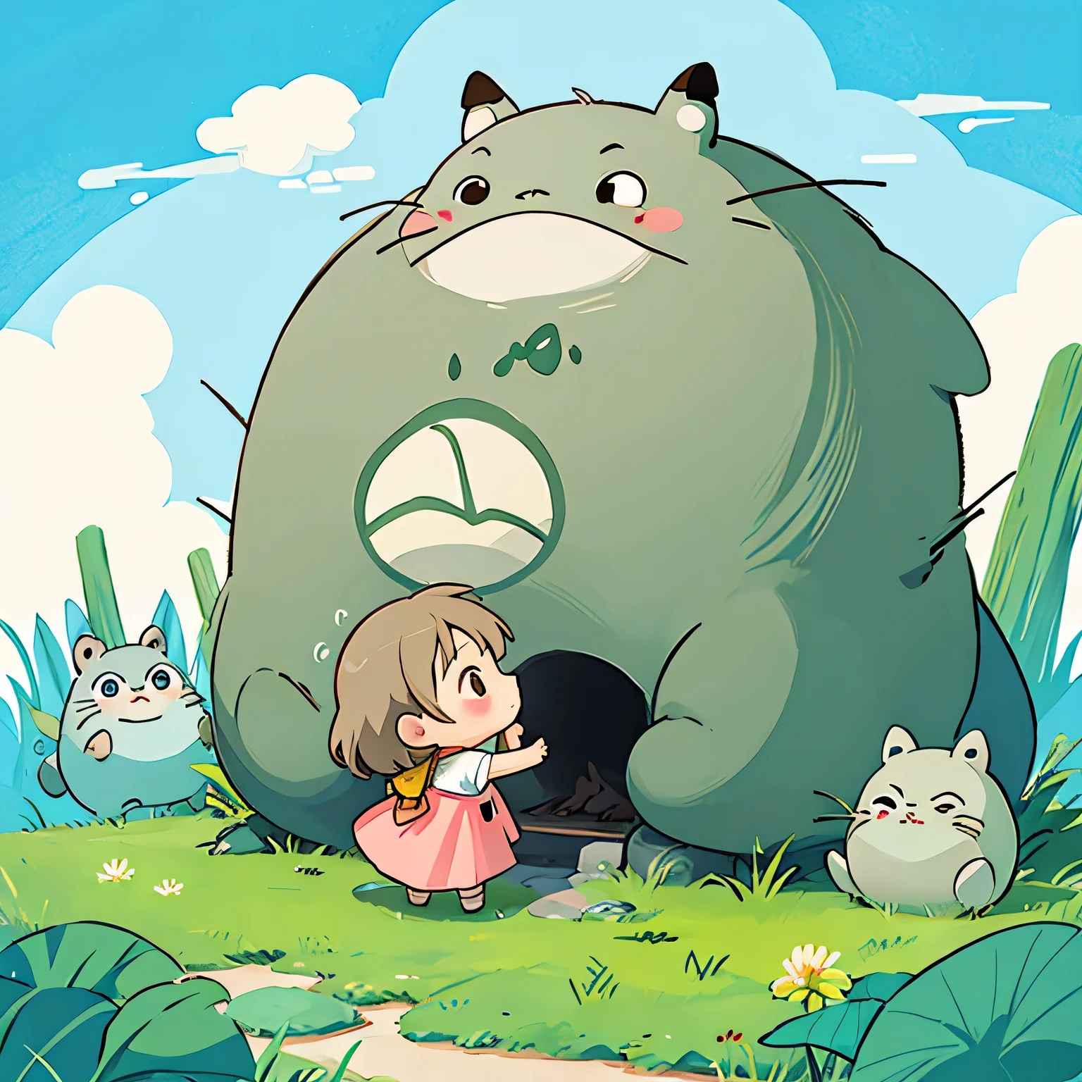 Hayao Miyazaki style、Kawaii Design, most beautiful girl ever、((Chibi)), (((Kiss)))、Totoro