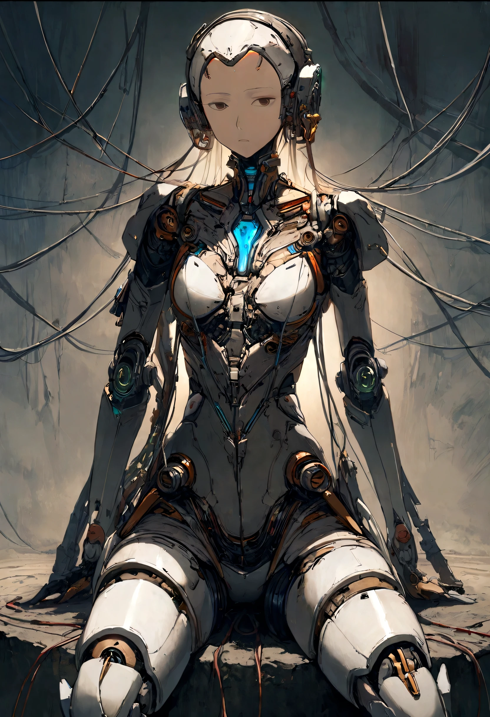 NSFW(((masutepiece))), (((Best Quality))), ((Ultra-detailed)), (extremely detailed photo), ((extremely delicate and beautiful)),(Cute delicate face),Cinematic Light,((one Mechanical Girl and expressionless:2)),Solo,Full body,(Machine-made joints:1.5),((machanical limbs)),(blood vessels connected to tubeechanical vertebra attaching to the back)),((mechanical cervial attaching to neck)),((Sitting)),deadpan,(Many wires and cables to attach to the head and body:1.6),(Character Focus),Science fiction,(beautiful face and eye, double eyelid,delicate skin,slender body shape)