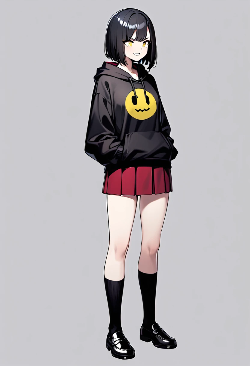 edgy girl, black hoodie, black hair, bob cut, red miniskirt, high socks, loafers, black mask on the side of her head with a yellow smile on it. Amazing quality, full body view, snarky grin