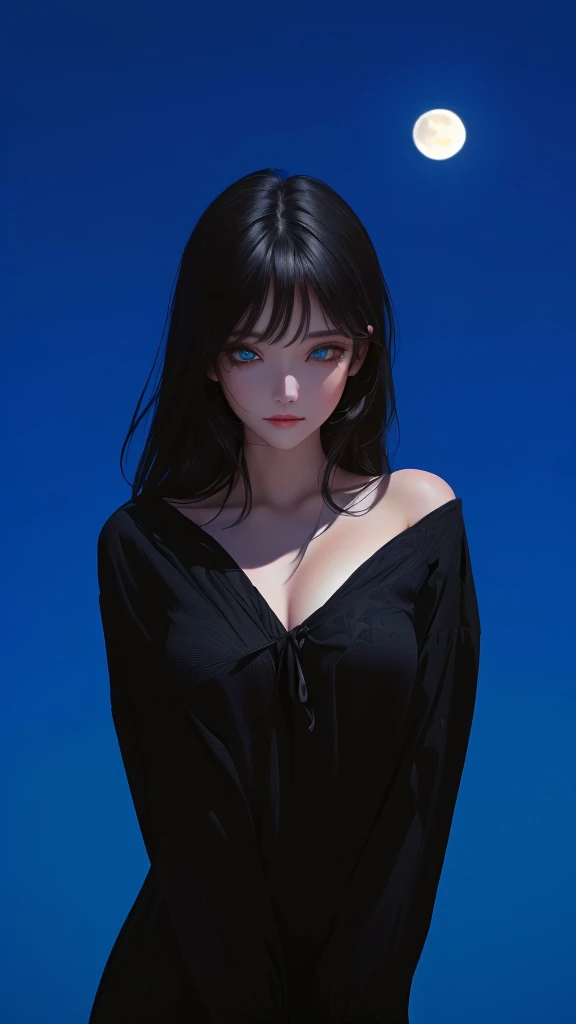 ultra-detailed, beautiful eyes, detailed eyes, detailed face, ultra-detailed, beautiful eyes, woman in black casual, loose-fitting clothing against a full moon background,  master piece, best quality, high resolution, 16k