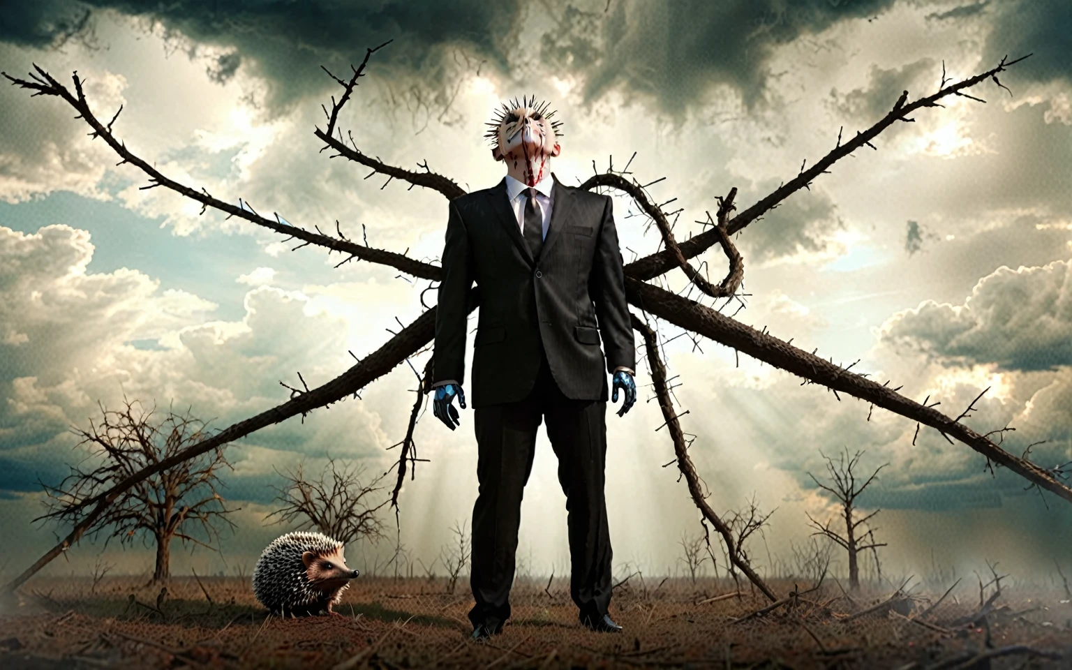 Big iron ball and iron tree，A man in a suit is tied to a cross, Toothpicks stuck all over her body, Like a hedgehog, with a look of anguish,Spooky forest,Abandoned Shelter,Creepy Doll,Sinister Shadow,Demonic possession,Blue sky and white clouds，Thunder and Lightning,ice,