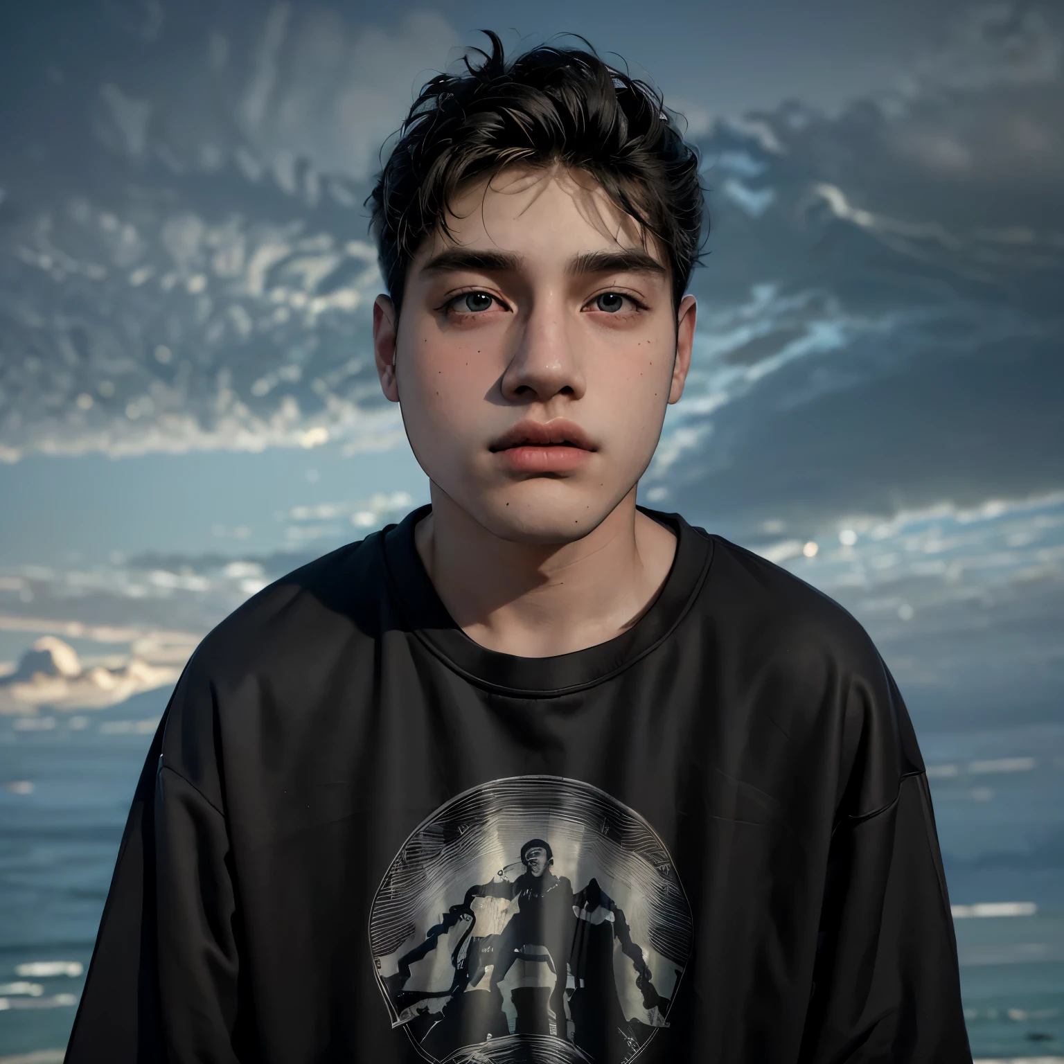 (masterpiece:1.2), (best quality:1.2), hyper realistic,highestres,absurdres,extremely detailed,volumetic,dramatic lighting,(frontal view),
20 year old boy,face,detailed eyes, flat black hoodie, black t-shirt, with background ((sky))