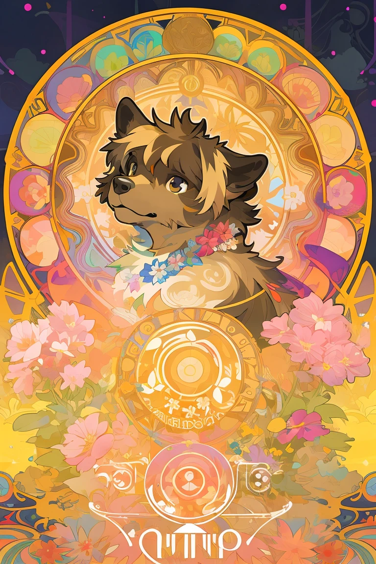 top quality, best quality, kaleidoscope, Yorkshire terrier,rzminjourney, vector-art, High-quality illustrations by Alfons Mucha, masterpiece,logo mark, round, colorful flower,