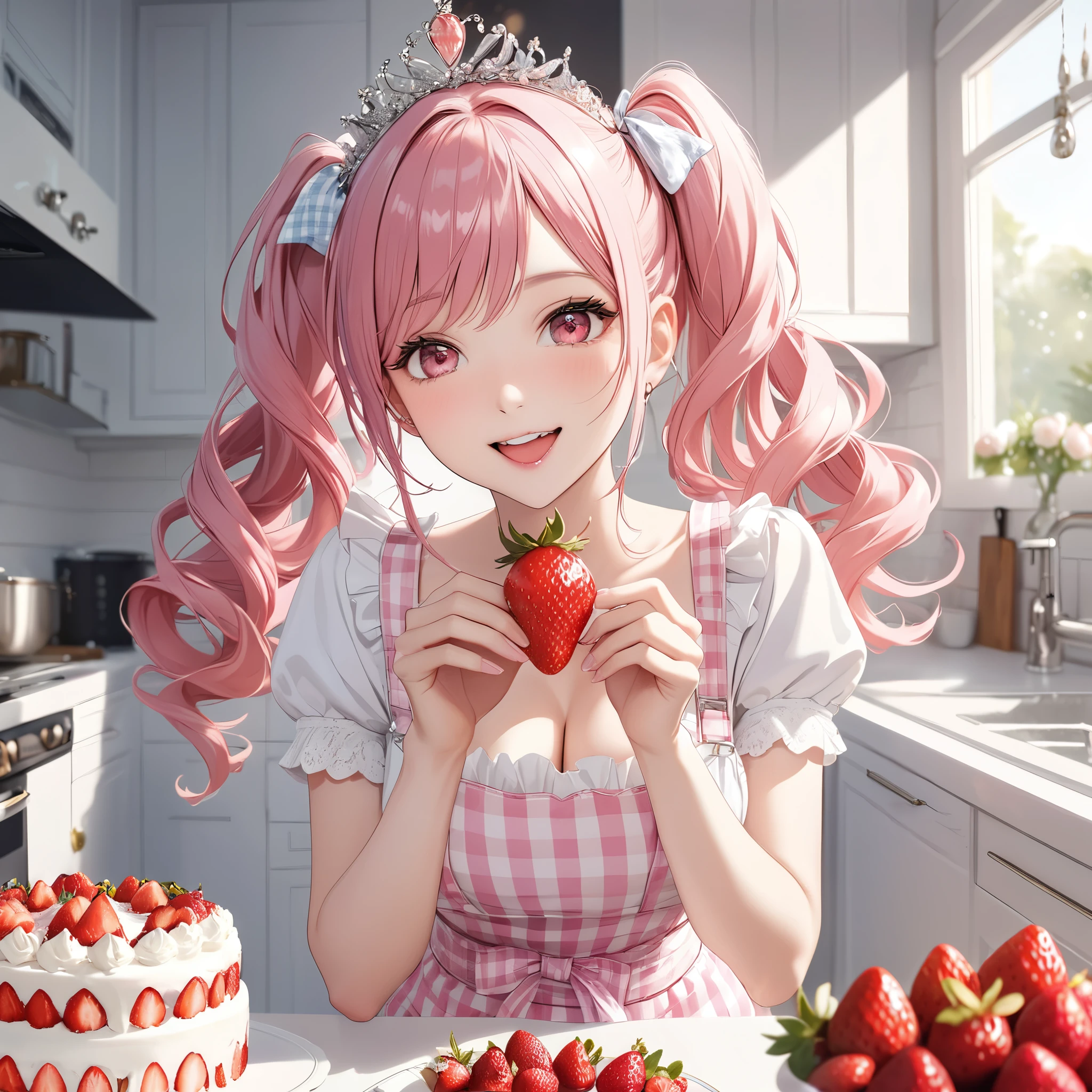 (8K, masutepiece, Best Quality, Official art, beautiful detailed, beautiful lighting, best masterpiece in history that exceeds limits), (1 Girl, Solo), (), (beautiful detailed face), (shiny white skin), (Beautiful big bust, cleavage:1.3), (thighs:1.3), (beautiful detailed pastel pink twin tails hair, Bangs:1.3), (beautiful detailed drooping pink eyes:1.5), (Beautiful Luxurious Diamonds Tiara), break, (beautiful detailed cute apron, White and Pastel pink gingham check pattern, bow ribbon, frill, ruffle:1.2), break, (happy smile:1.2), (Attractive, Look at the camera), (having a strawberry, Holding out a strawberry to the camera, she say Open your mouth wide and say“ahh":1.5), (ultra detailed realistic Beautiful white kitchen, a strawberry cake:1.3),