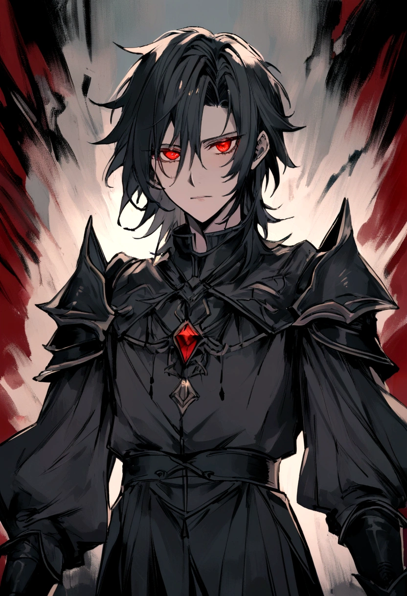 1 man, adult, ใบหน้าที่เป็นadult, beautiful, Short, messy black hair, Crimson eyes, clear and detailed eyes, handsome, high, black clothes, quiet, condescending, Medieval Fantasy, (light color, dynamic shading), look at viewer , YouTube mascot