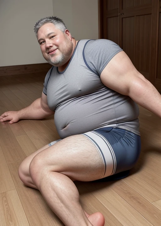 ((highest quality)), ((masterpiece)), (detailed), (Perfect Face), 4k, Shaved head, Young Japanese, Muscular, Fat body, Very big man, smile, white small swimsuit, Well-groomed fat face, naked, have power, Sitting with legs spread very wide, Highlights very thick thighs, Raising his armanly chest, topless, Pink nipples, Thick arms, Thick neck, Emphasizes a very large swimsuit bulge, Pale skin, Emphasize the lower body, Front facing shot, Very thick thighs, round face, plump, fat, Raise your thighs high, Forehead is narrow