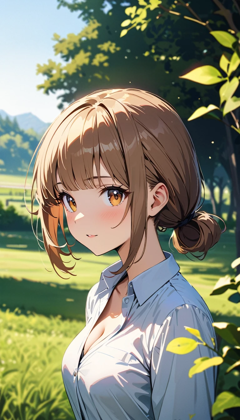 ((Top Quality)), ((Masterpiece)), (Detail), high resolution, Perfect Face, Fine Eyes, Depth of Field, Special Shading, upper body, (1 Beautiful girl), medium breasts, cleavage, (Caramel brown hair, bowl cut mullet hairstyle), (school uniform), dress shirt, pleated skirt, Scenery of the countryside, 