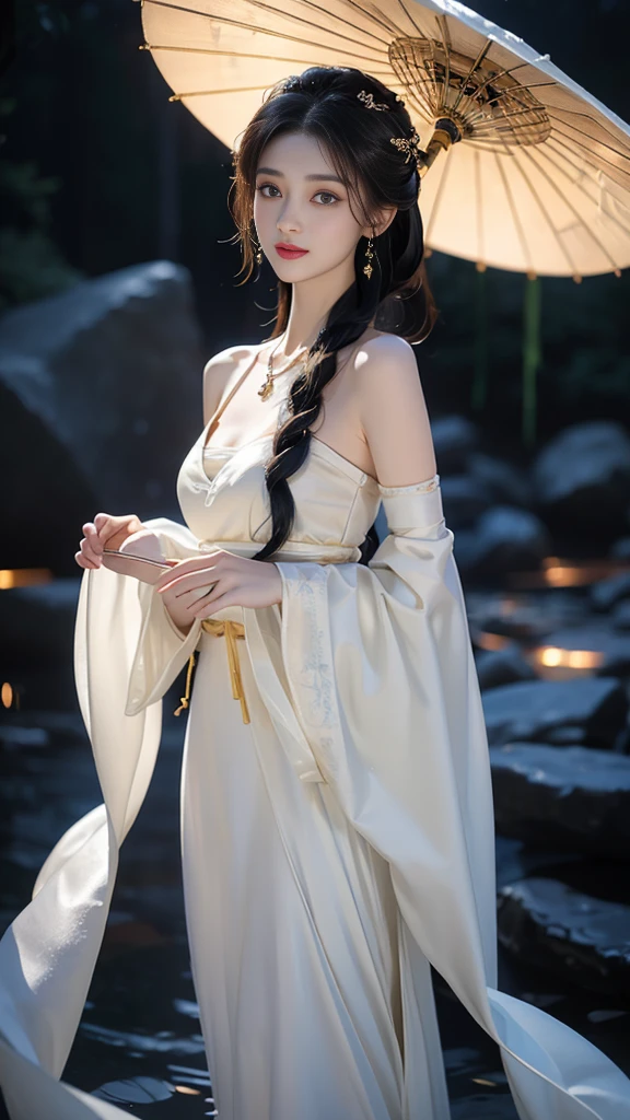 hanfu-song, hanfu, Song Theme, Drawstring, Tube Top, ((whole body)), ((From below)), ((gufeng,Bare shoulders)), Clear face, Pretty Face, 8K, masterpiece, original photo, best quality, detail:1.2,lifelike, detail, Very detailed, CG, Unity, wallpaper, Depth of Field, light, lens flare, Ray Tracing, (Extremely beautiful face, Beautiful lips, beautiful eyes), complicated, detail的脸, ((ultra detailed skin)), 1 girl, in the darkness, Deep Shadows, Beautiful Korean girl, Korean Idol,(Very slim figure:1.3), Full breasts, Slender sexy legs, Elegant Posture, (A bright smile), (City night, (Neon), (night), Beautiful Korean girl, White Diamond Earrings, Bracelet diameter, Deya Necklace, Clear eyes, Facing forward, (big eyes)