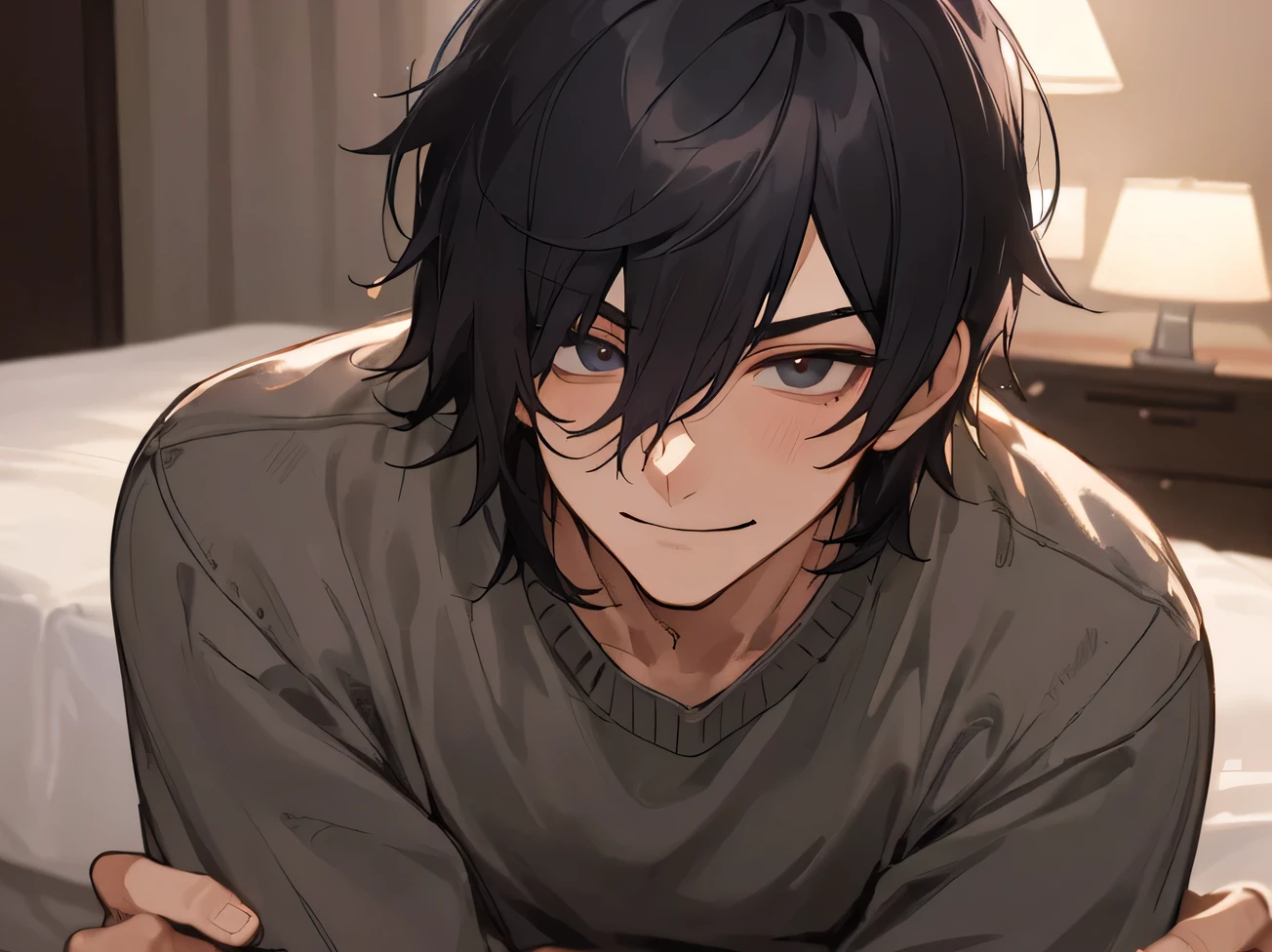 Working Adults.,male,Handsome,Cool vibe,I,Black-haired,mash,Gloomy mood(Masseter muscle area,Viewer Perspective,Upper Body,Face close-up,Horny,Wicked Smile,Yandere atmosphere,,Night atmosphere,sweater,,Hotel room bed、