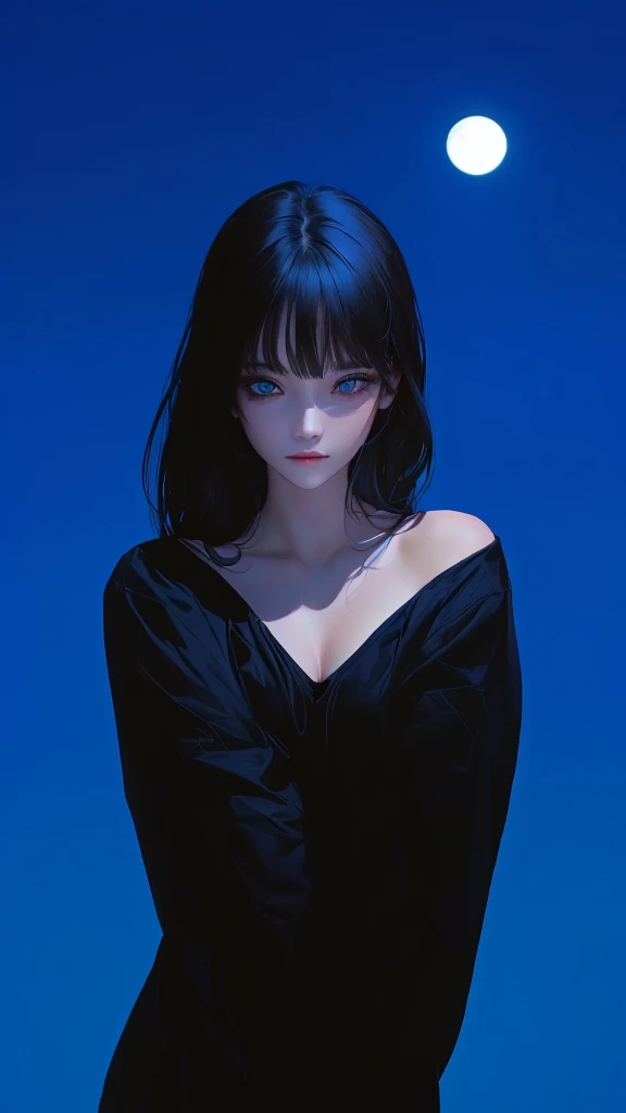 ultra-detailed, beautiful eyes, detailed eyes, detailed face, ultra-detailed, beautiful eyes, woman in black casual, loose-fitting clothing against a full moon background, master piece, best quality, high resolution, 16k