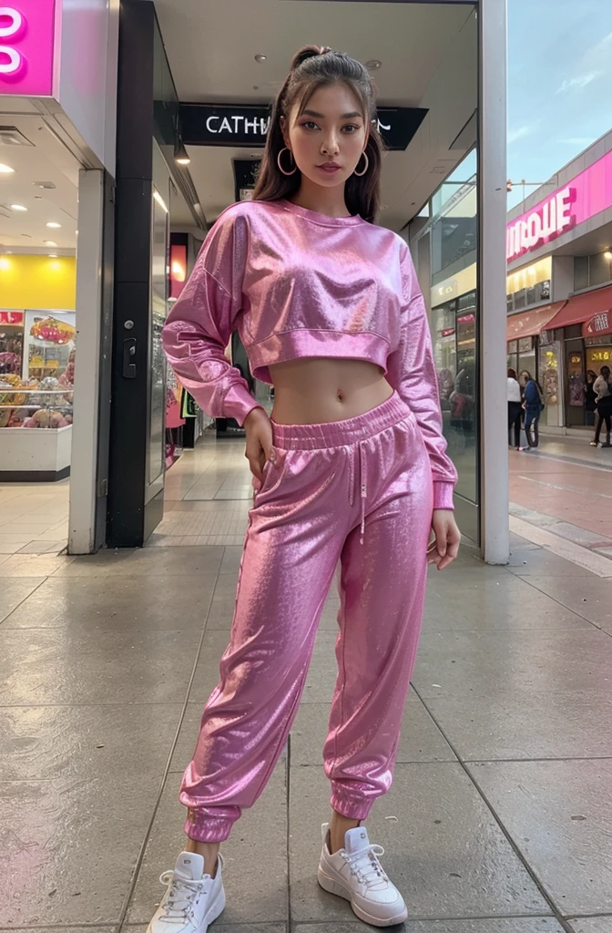 “Develop an HD Ultra Realistic image of Young Attractive Asian Woman Sophie Tan posing in a Y2K fashion scene. Sophie is outfitted in a vibrant pink velour tracksuit, complete with a crop top and wide-leg pants, paired with white sneakers and oversized hoop earrings. The backdrop features a retro shopping mall with vintage storefronts and colorful signage. Capture this image using a professional camera with a 35mm lens, highlighting Sophie’s dynamic pose and the vivid colors of her outfit (1.3). The mall setting should be blurred to keep Sophie as the focal point, with post-production enhancing the colors, adding a soft vignette effect, and using a pastel filter to match the Y2K editorial style (1.4).”