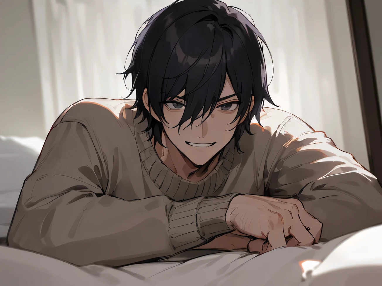 Working Adults.,male,Handsome,Cool vibe,I,Black-haired,mash,Gloomy mood(Masseter muscle area,Viewer Perspective,Upper Body,Face close-up,Horny,Wicked Smile,Yandere atmosphere,,Night atmosphere,sweater,,Hotel room bed、