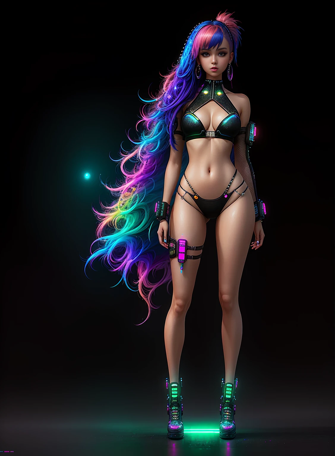 ((best quality)), ((masterpiece)), ((realistic)), (detailed), (1 girl) full body woman with colorful hair and piercings, dreamy cyberpunk girl, 4K high-detail digital art, stunning digital illustration, stunning 8K artwork, colorful digital fantasy art, colorful and dark, beautiful digital artwork, colorful digital painting, cyberpunk digital anime art, girl with luminous wave, 8K HD digital wallpaper art, gorgeous digital painting, full body photo, standing legs apart, most beautiful face, cute