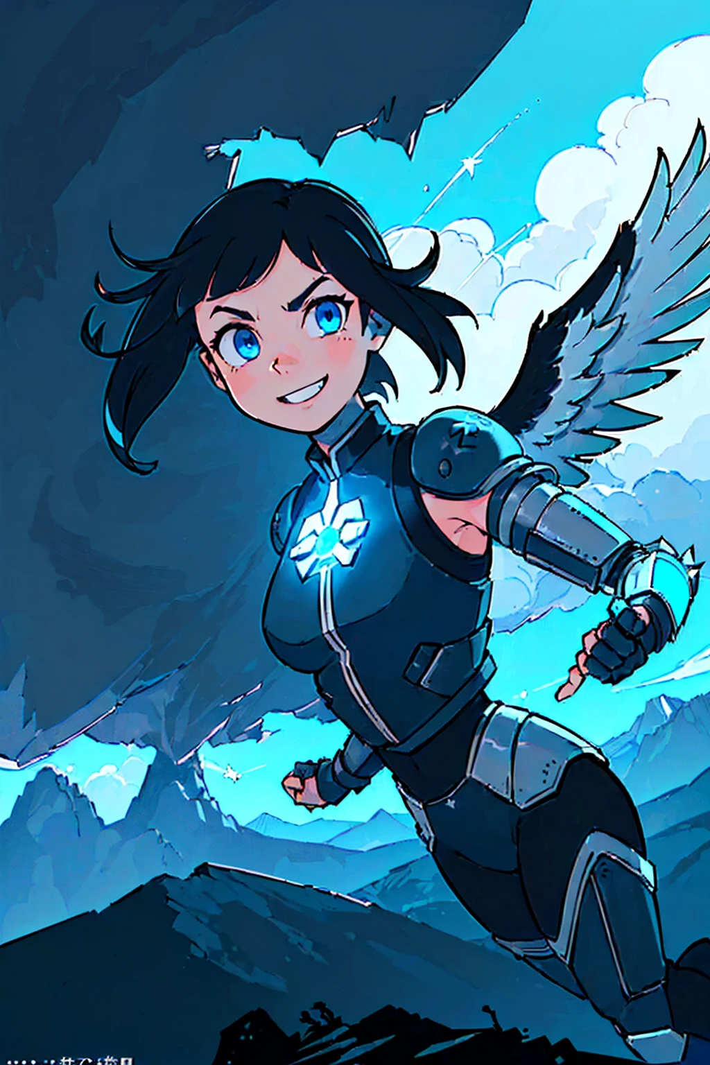 ((((Obra maestra La mejor calidad, ultrahigh resolution)))), 1girl, fierce, flying, (((wind-powered wings))), (detailed face), (determined expression), ((high-contrast lighting)), pale skin, ((bright blue eyes))), ((worn leather armor)), (detailed hands), (((high-tech gauntlet))), ((advanced prosthetic arm))), (stormy clouds overhead), (cirrus clouds), wind-swept hair, ((spiky fringe)), ((scanned terrain))), medium breasts, (flying pose), ((Eagle eye view))), (foreboding atmosphere), 25 years old, ((determined gaze)), ((assured smile))), (((guilelessly bold))), ((high-contrast color palette)))