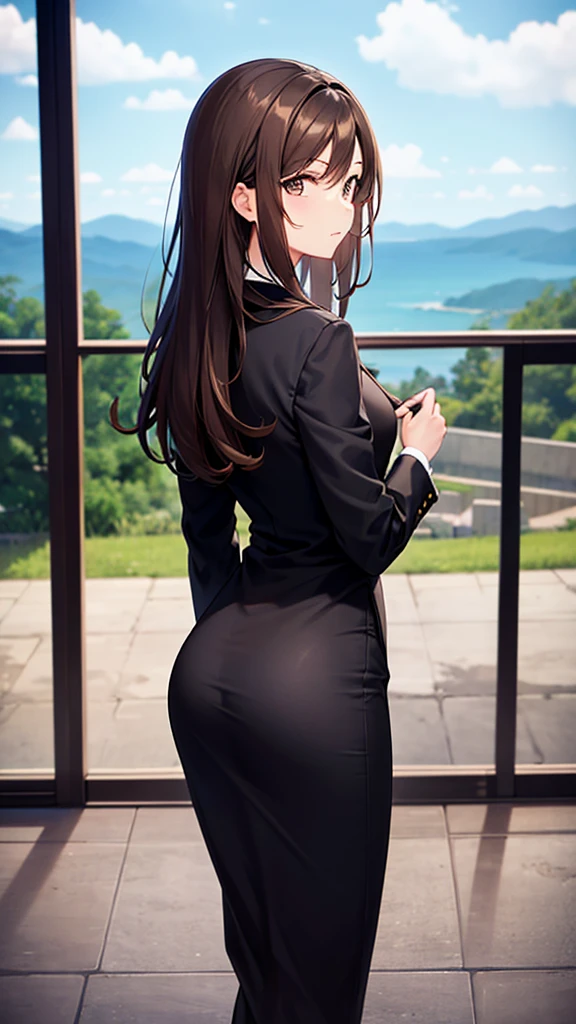 ((best qualityer)), ((work of art)), (detailded), an image of a woman in front of the sacred with her hands together in a prayer position praying with her back black hair and a white dress and on her knees